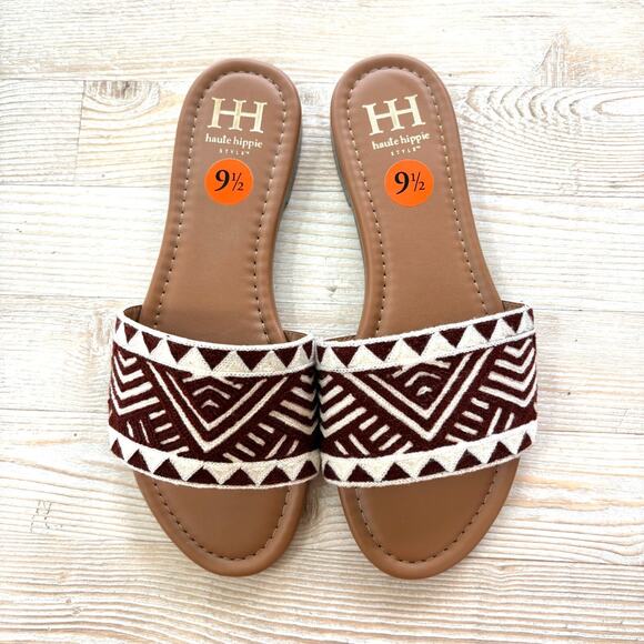 Haute Hippie Aztec Embroidered Slide Sandals‎ | Dark Brick Red Size 9.5 - Picture 1 of 5